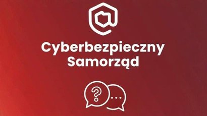 Tło w kolorze ciemnej czerwieni z napisem Cyberbezpieczny Samorząd 