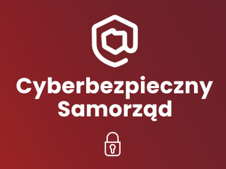 Tło w kolorze ciemnej czerwieni z napisem Cyberbezpieczny Samorząd
