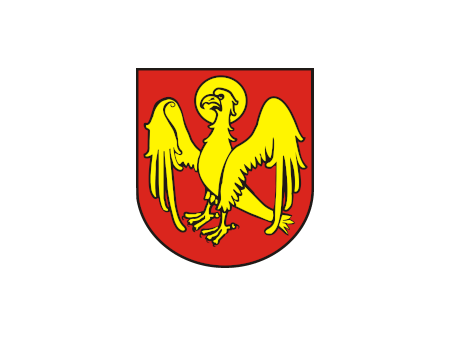 Herb powiatu kwidzyńskiego – orzeł w kolorze żółtym wkomponowany w tło w kolorze ciemnoczerwonym