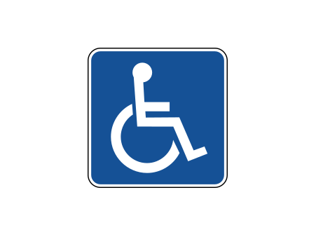 Na niebieskim kwadracie z białą ramką znajduje się biały symbol osoby z niepełnosprawnością.