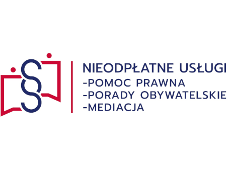 na białym tle niebieski napis nieodpłatne usługi, pomoc prawna, porady obywatelskie, mediacja