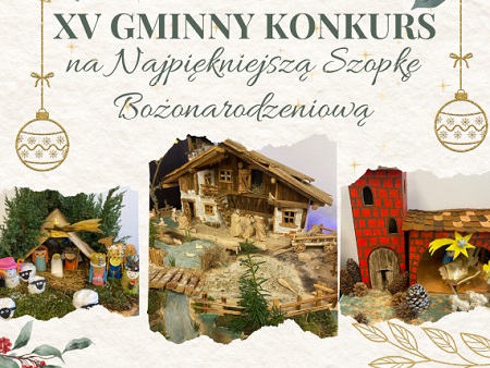 Obraz ilustracyjny do treści artykułu, zawiera nazwę konkursu oraz przykładowe szopki bożonarodzeniowe