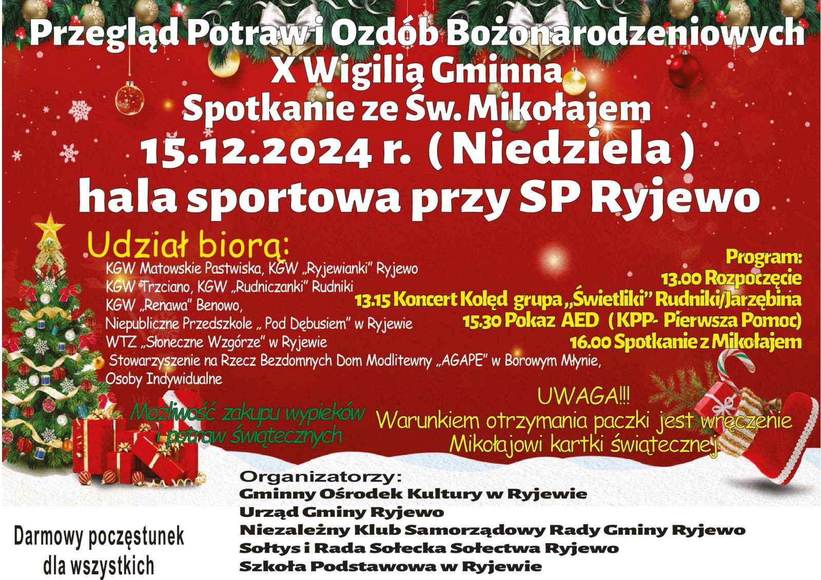 Plakat ilustracyjny do treści artykułu. Zawiera nazwę wydarzenia, świąteczną oprawę, oraz informację które podane są w treści artykułu.