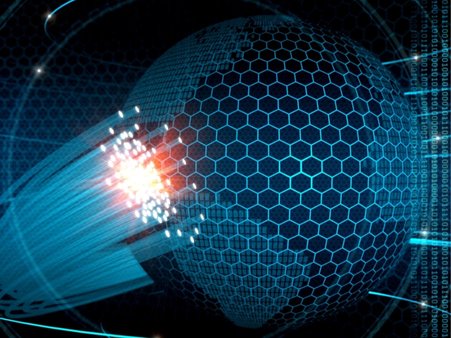 Obraz ilustracyjny przedstawiający światłowód i bryłę geometryczną