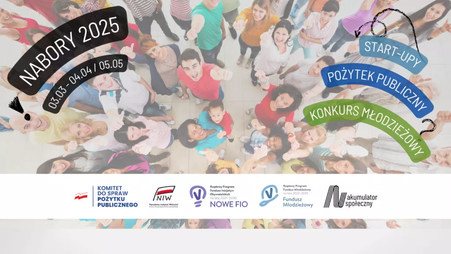 Na zdjęciu grupa młodzieży. Po lewej stronie napis „NABORY 2025”. Po prawej napis: Start-upy, pożytek publiczny, konkurs młodzieżowy. 