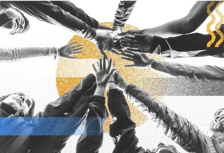 zdjęcie przedstawia grafikę z grupą osób, z naprzemiennie nałożonymi na siebie rękoma na znak współpracy