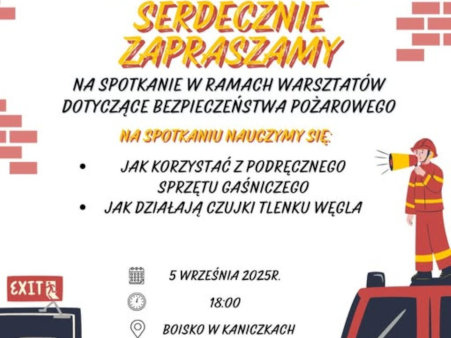 Na zdjęciu zamieszczone są informacje na temat spotkania oraz widać dwóch strażaków i wóz strażacki.