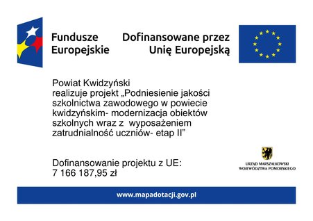 plakat promocyjny projektu pn. „Podniesienie jakości szkolnictwa zawodowego w Powiecie Kwidzyńskim- modernizacja obiektów szkolnych wraz z wyposażeniem – etap II”.