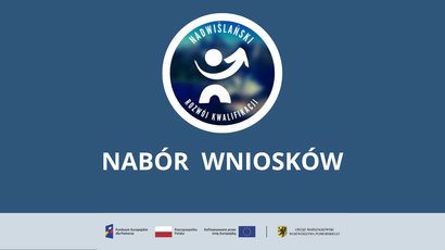 Zdjęcie przedstawia niebieski kwadrat, z napisem „nabór wniosków”, a nad nim widać postać ludzika z napisem „Powiślański Rozwój Kwalifikacji”