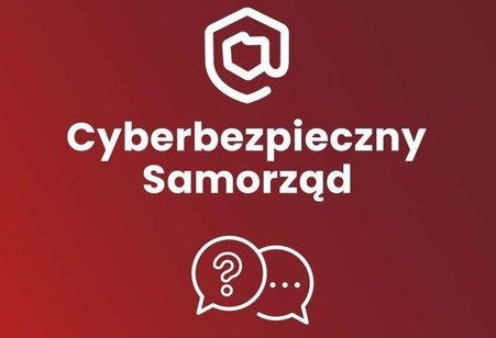 Tło w kolorze ciemnej czerwieni z napisem Cyberbezpieczny Samorząd 