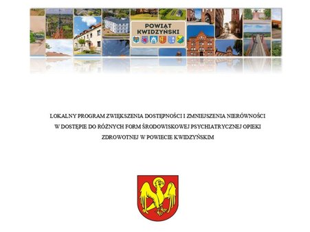 Na zdjęciu w centralnym punkcie widnieje nazwa lokalnego programu. U góry znajdują się zdjęcia z ciekawymi miejscami w powiecie. U dołu jest orzeł stanowiący herb powiatu.