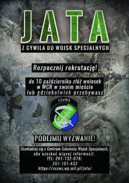 na zdjęciu widać znak Centrum Szkolenia Wojsk Specjalnych wraz z informacją o kontakcie telefonicznym i internetowym oraz hasło zachęcające do udziału, całość na tle w kolorze muduru wojskowego.