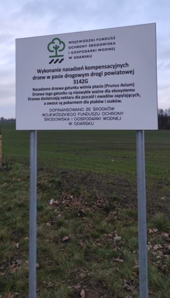 tablica informacyjna przy drodze na tle pola.